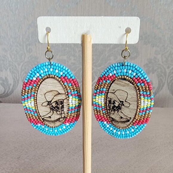 Hand Crafted Jewelry - Horseshoe Bend Wood and Turquoise Multi Seed Bead Teardrop Earrings